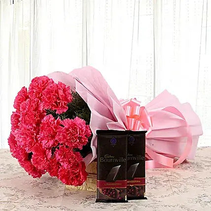 Pink carnation bouquet with Cadbury Bournville chocolates flower and chocolate combo gift