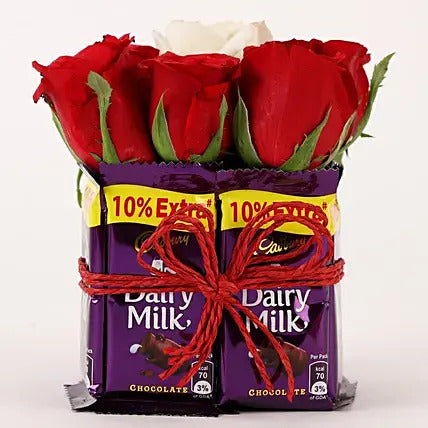 Red roses with Dairy Milk chocolates arrangement romantic flower chocolate combo gift