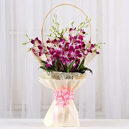 purple orchid basket arrangement premium exotic flower gift