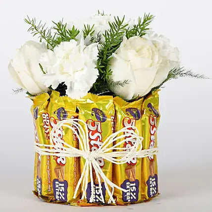 White roses and carnations with 5 Star chocolates arrangement elegant flower chocolate