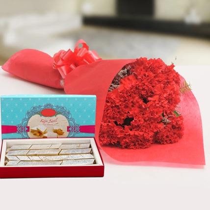 Red carnations bouquet with Kaju Katli sweets flower and mithai combo gift