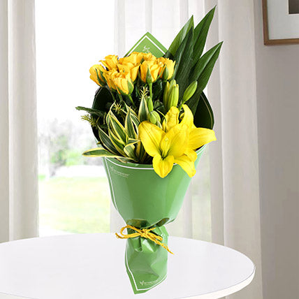 Yellow lilies and roses bouquet premium hand tied flower gift