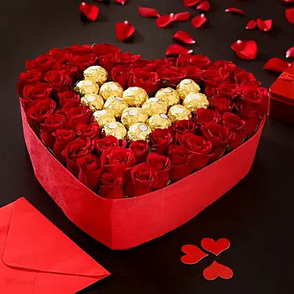 Heart shape red roses with Ferrero Rocher chocolates romantic flower box gift