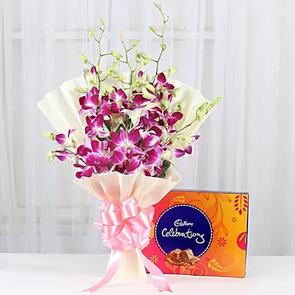 Purple orchid bouquet with Cadbury Celebrations chocolates flower chocolate combo gift