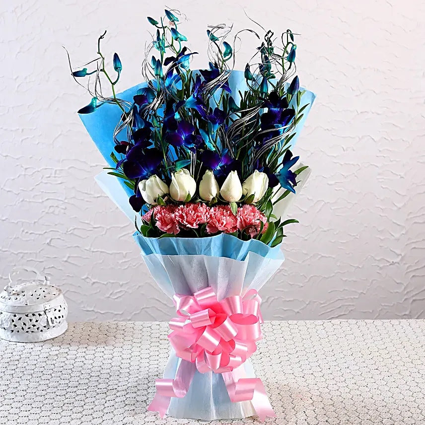 Premium blue orchid mixed bouquet with white roses and pink carnations
