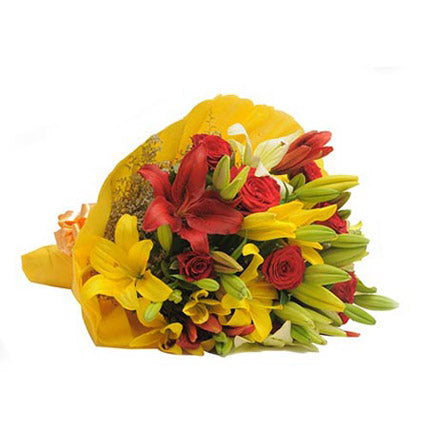 yellow lily red rose bouquet mixed flowers India