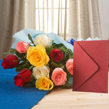 mixed roses bouquet with greeting card personalized flower gift