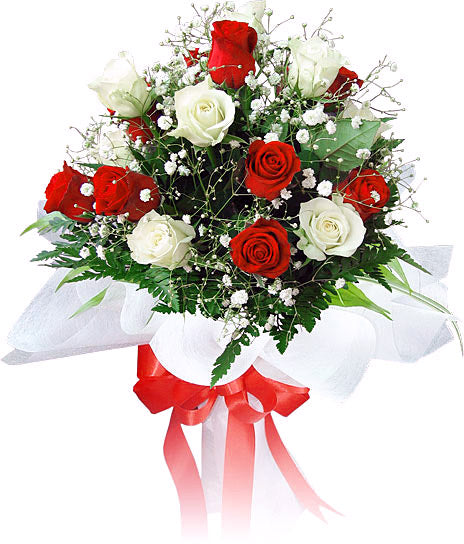 red and white roses bouquet with baby breath elegant arrangement