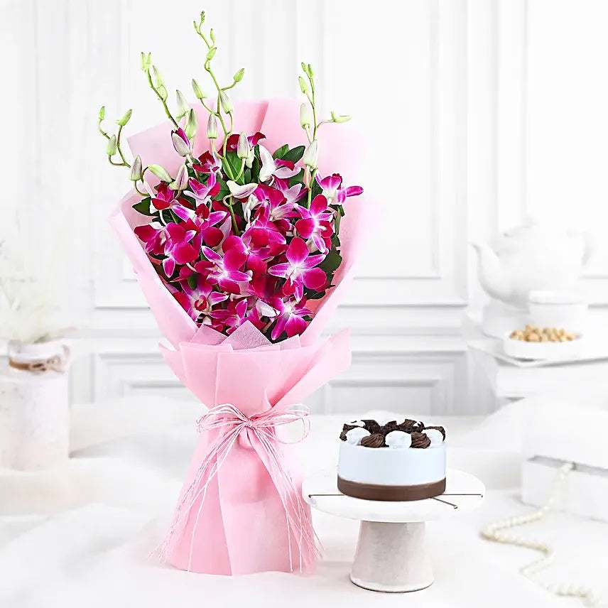 Purple orchid bouquet with black forest cake combo for birthday and anniversary delivery