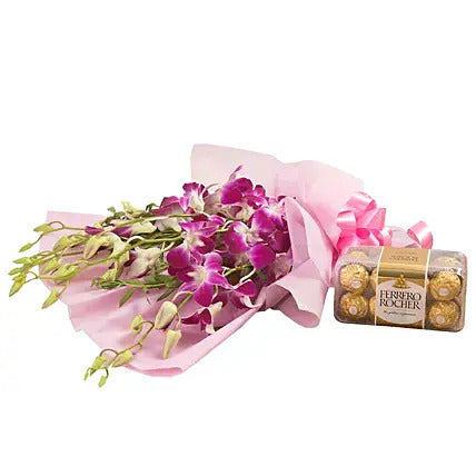 Purple orchid bouquet with Ferrero Rocher chocolates luxury flower and chocolate combo gift