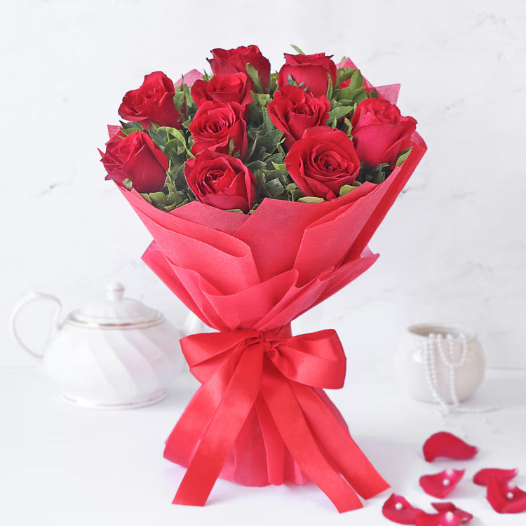 10 fresh red roses bouquet in red wrapping for romantic gift delivery