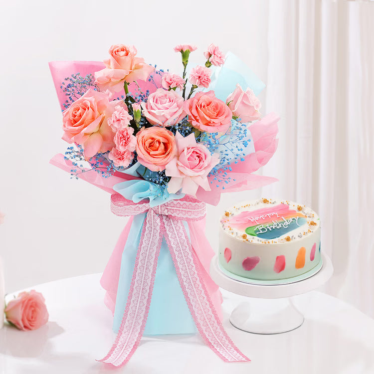 Pink roses and carnations bouquet with birthday cake combo for same day gift delivery