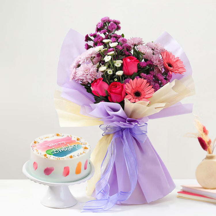 Mixed flower bouquet with designer birthday cake for same day birthday gift delivery
