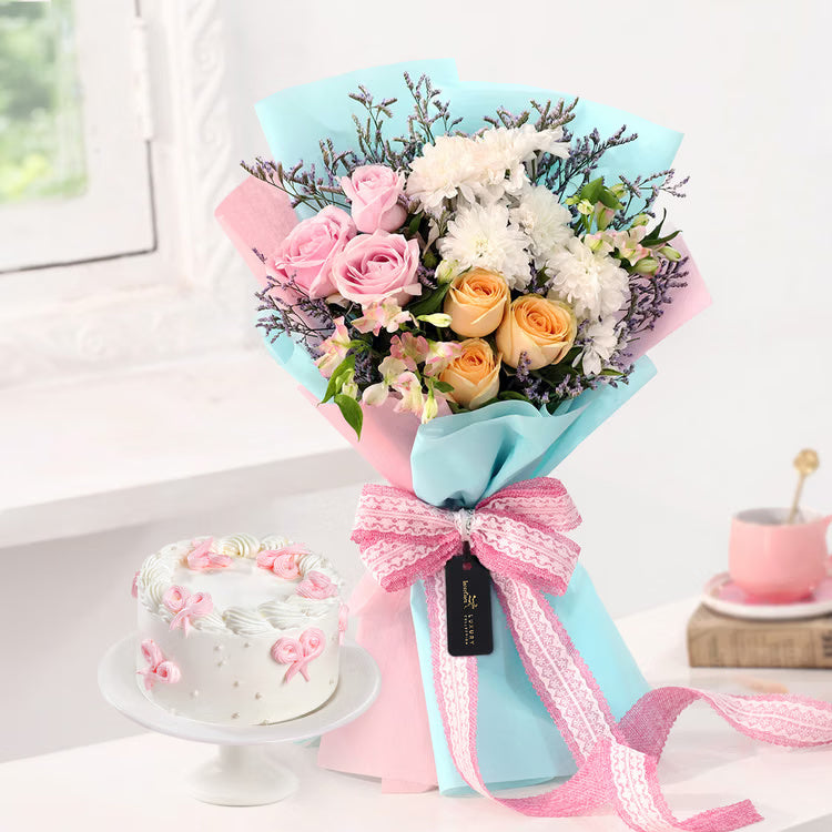 Mixed pastel flower bouquet with designer bow cake for birthday and anniversary delivery