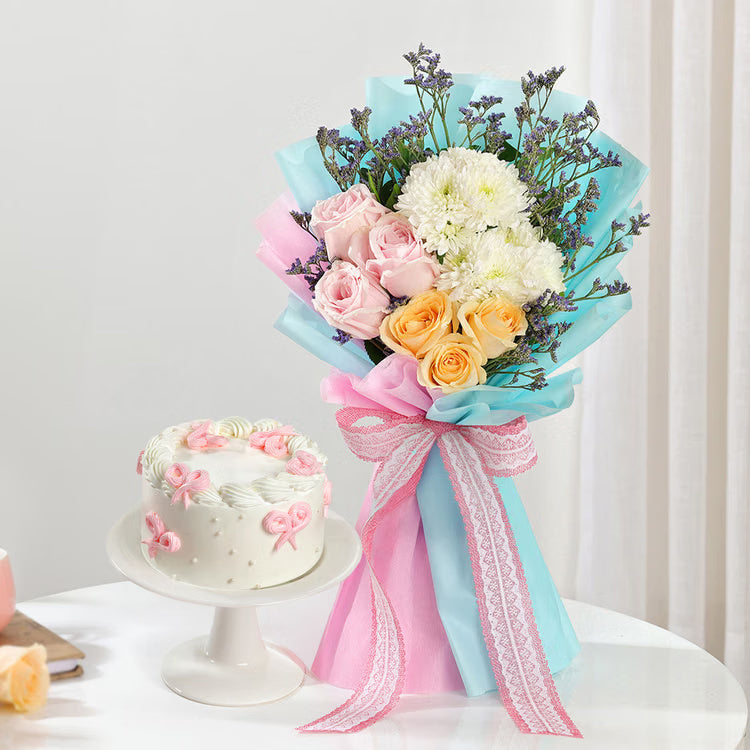 Pastel mixed flower bouquet with designer bow cake for birthday and anniversary delivery