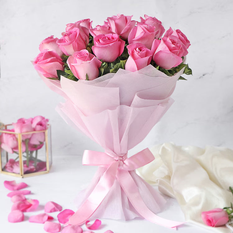 15 fresh pink roses bouquet in soft pink wrapping for gift delivery
