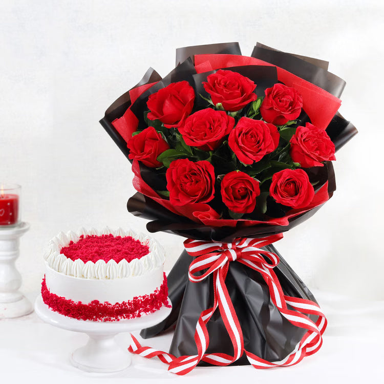 Red roses bouquet with red velvet cake combo for romantic gift delivery