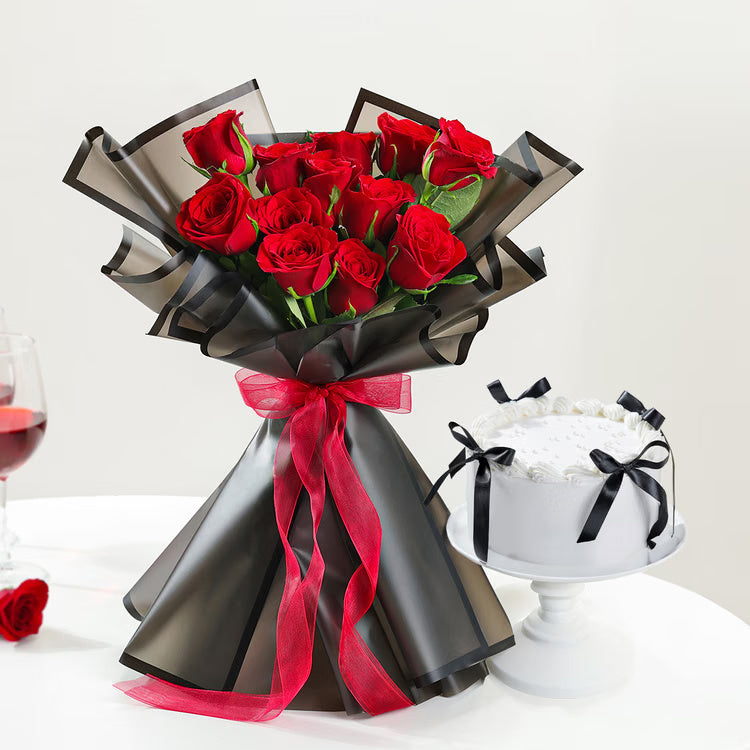 Red roses bouquet with classic white cream cake for romantic gift delivery
