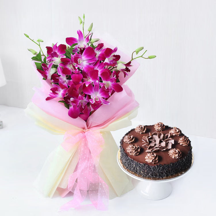 Purple orchid bouquet with chocolate truffle cake for birthday and anniversary gift delivery