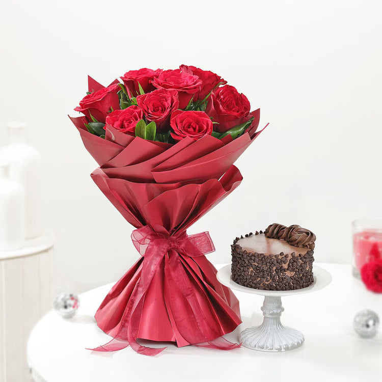 Red roses bouquet with chocolate truffle cake combo for romantic gift delivery