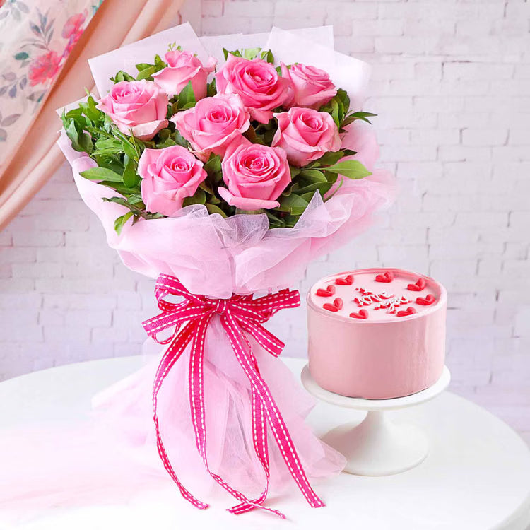 Pink roses bouquet with I Love You bento cake for romantic gift delivery