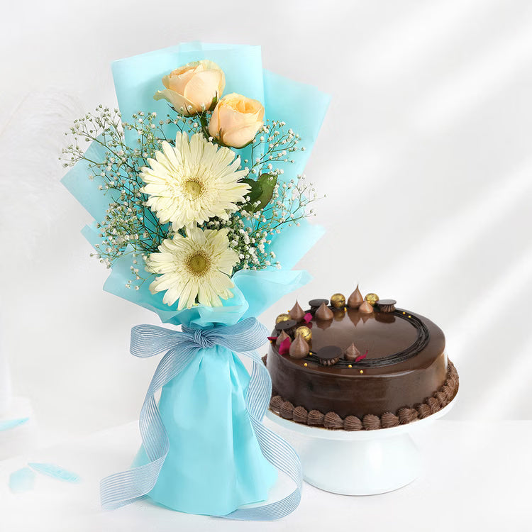 White gerbera and peach rose bouquet with chocolate cake for same day gift delivery India