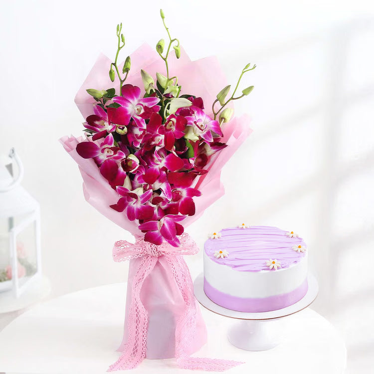 White gerbera and peach rose bouquet with chocolate cake for same day gift delivery