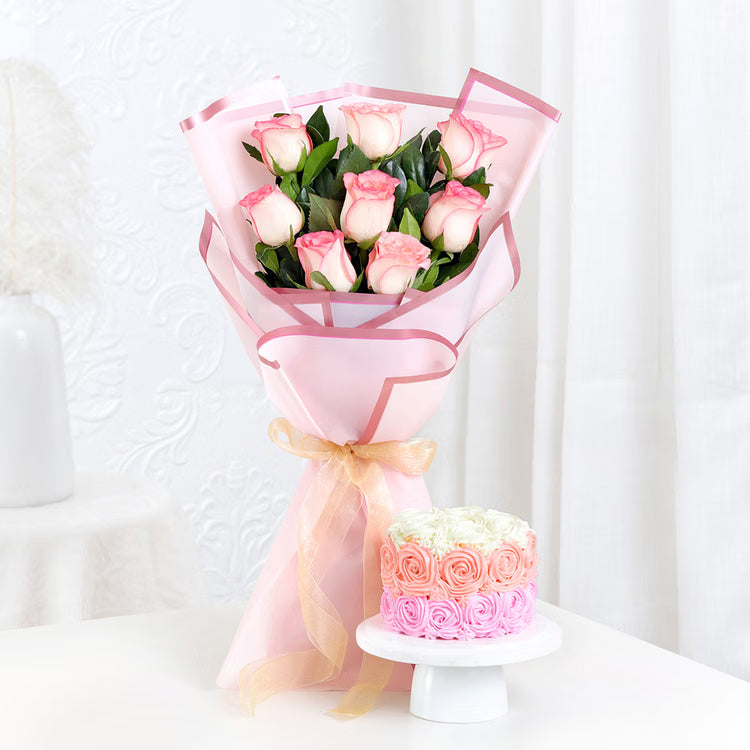Pink roses bouquet with mini floral cake for same day gift delivery India