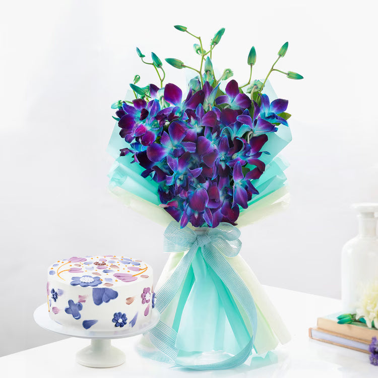 Blue orchid bouquet with floral designer cake for same day gift delivery India