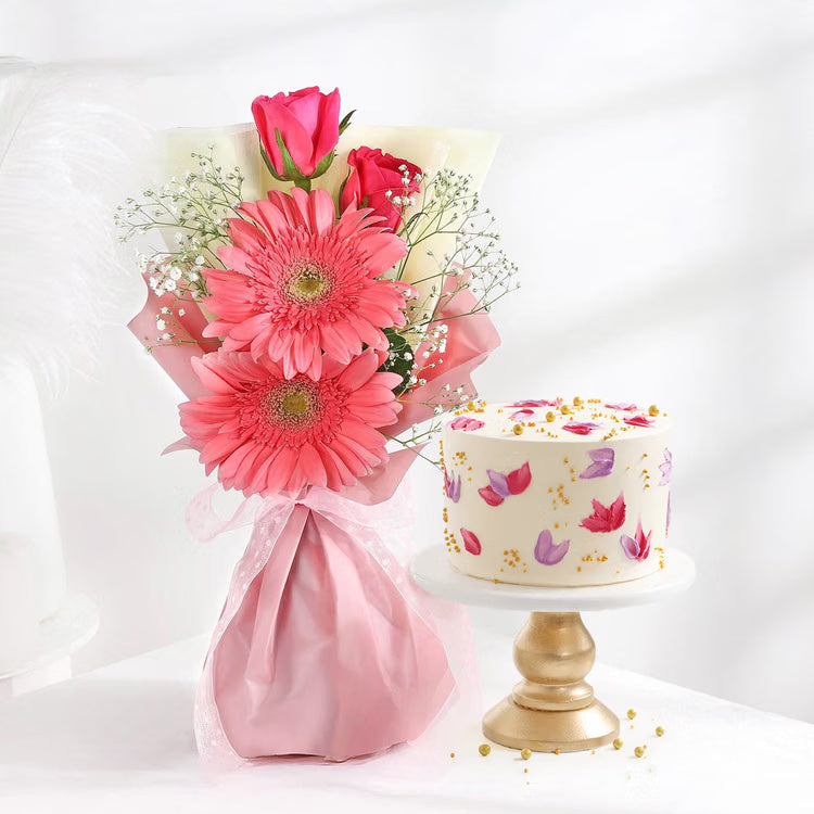 Pink gerbera and rose bouquet with floral designer cake for same day gift delivery India