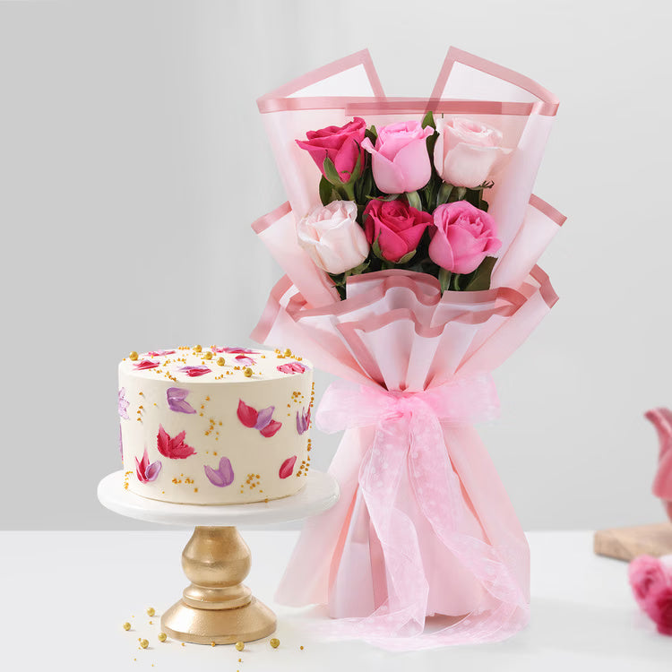 Pink roses bouquet with floral designer cake for same day gift delivery India