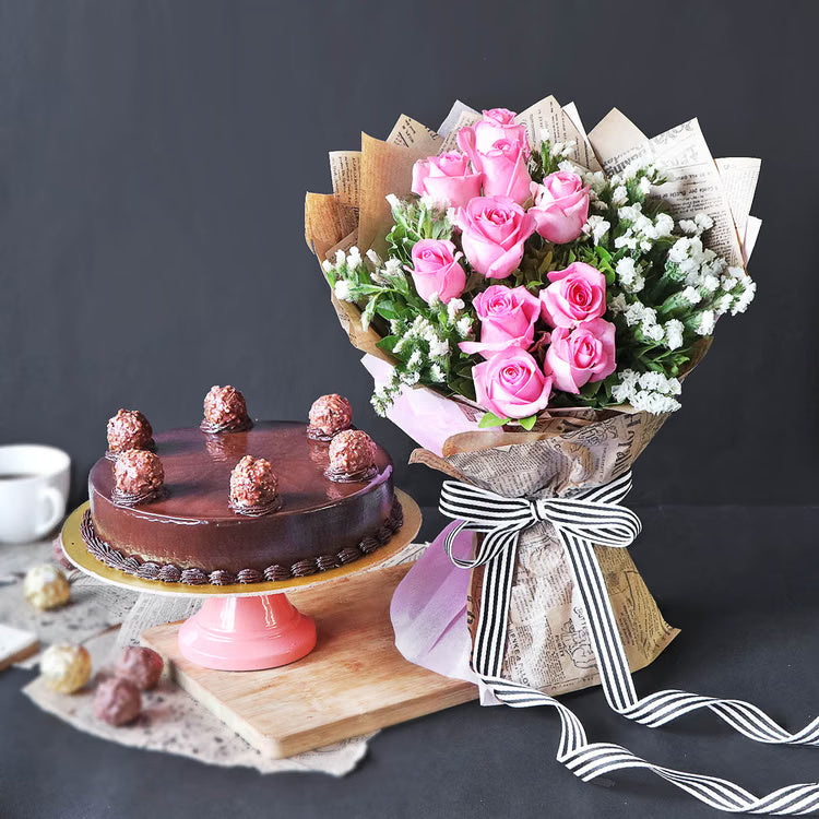 Pink roses bouquet with chocolate truffle cake for same day gift delivery India