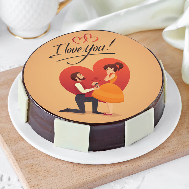 I Love You proposal chocolate cake with romantic couple print for India delivery