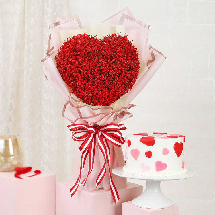 Heart-shaped red baby’s breath bouquet with heart cake for romantic gift delivery India