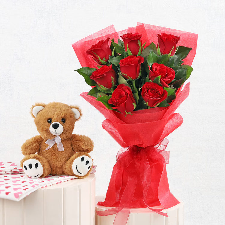 10 red roses bouquet with cute teddy bear for romantic gift delivery