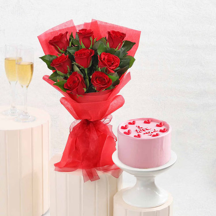 10 red roses bouquet with pink love cake for romantic same day gift delivery