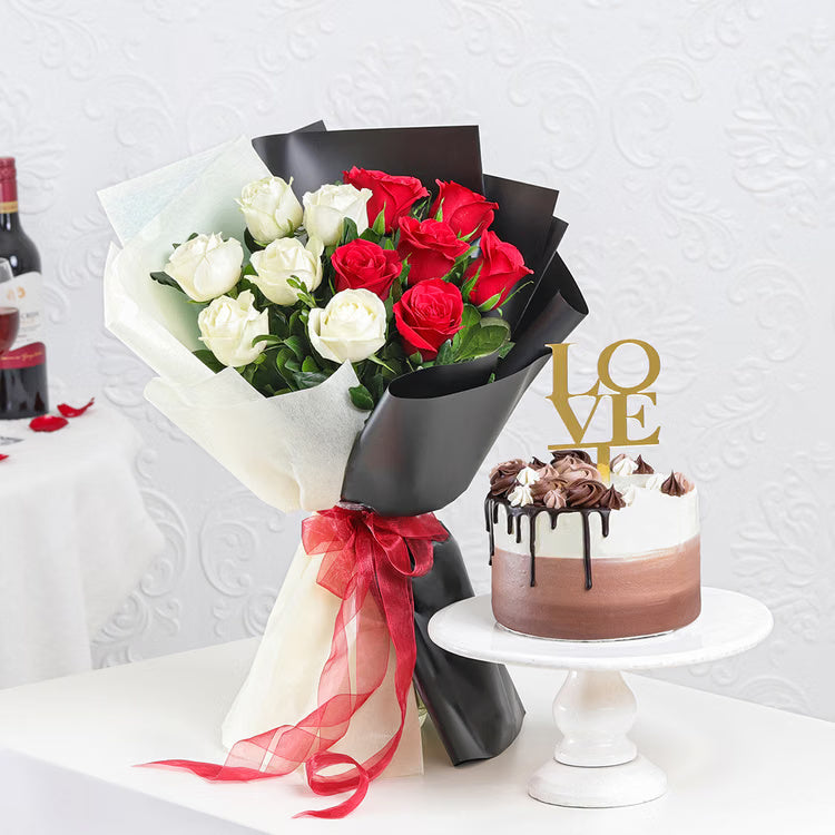 Red and white roses bouquet with love chocolate cake for romantic gift delivery