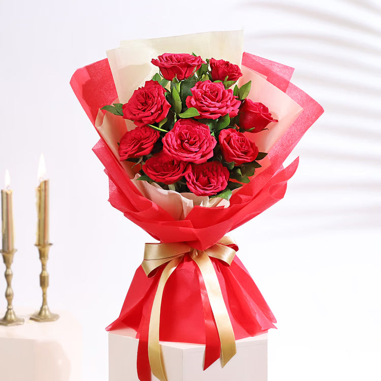10 red roses bouquet in red and cream wrapping for romantic flower