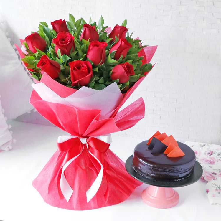 Red roses bouquet with chocolate cake for same day gift