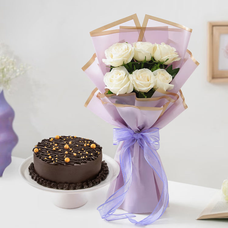 White roses bouquet with chocolate truffle cake for birthday and anniversary gift delivery