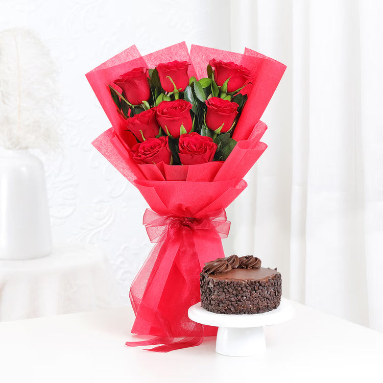 Red Rose Chocolate Cake Combo with fresh red roses bouquet and chocolate cake
