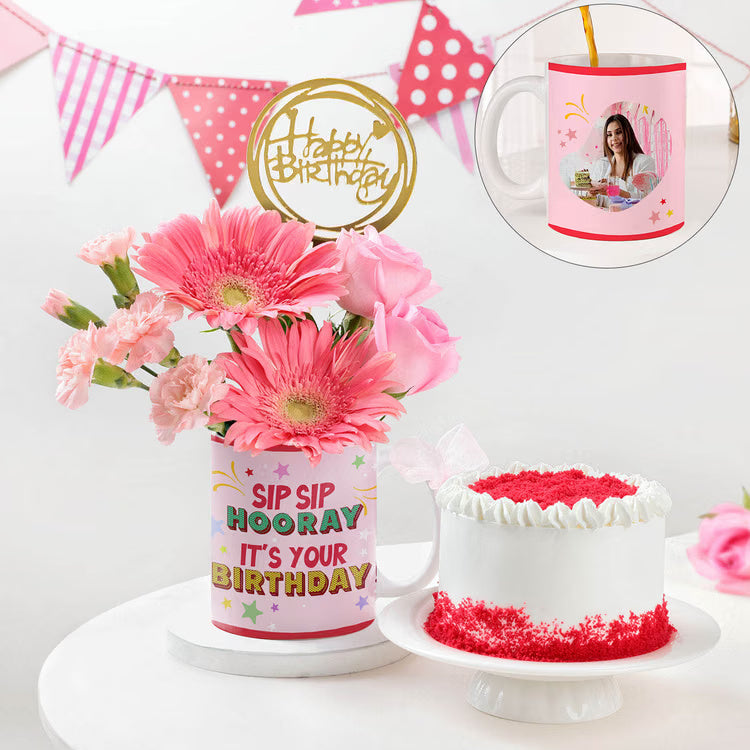 Birthday Mug Flower Cake Combo with fresh pink flowers, designer cake and personalized mug