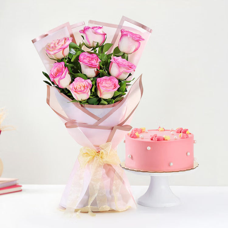 Blush Rose Pink Cake Combo with fresh pink roses bouquet and designer pink cake