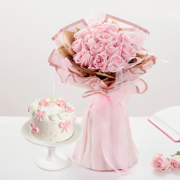 Pink Rose Cake Combo with fresh pink roses bouquet and designer cake