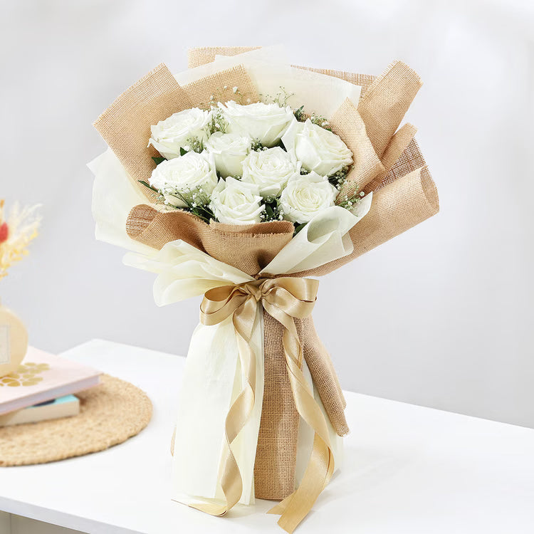 White Rose Elegance Bouquet with fresh white roses, baby’s breath and jute wrapping