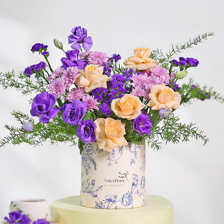 Peach Rose Purple Flower Box with peach roses, purple blooms and lavender flowers