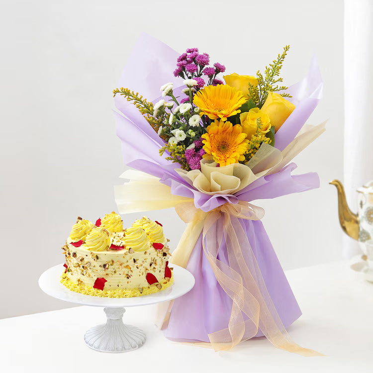 Sunshine Flower Cake Combo with yellow flowers, purple fillers and butterscotch cake