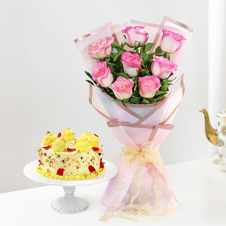 Pink Rose Butterscotch Cake Combo with fresh pink roses bouquet and designer cake