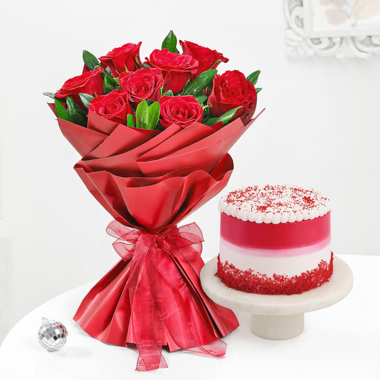 Red Rose Velvet Cake Combo with fresh red roses bouquet and red velvet cake
