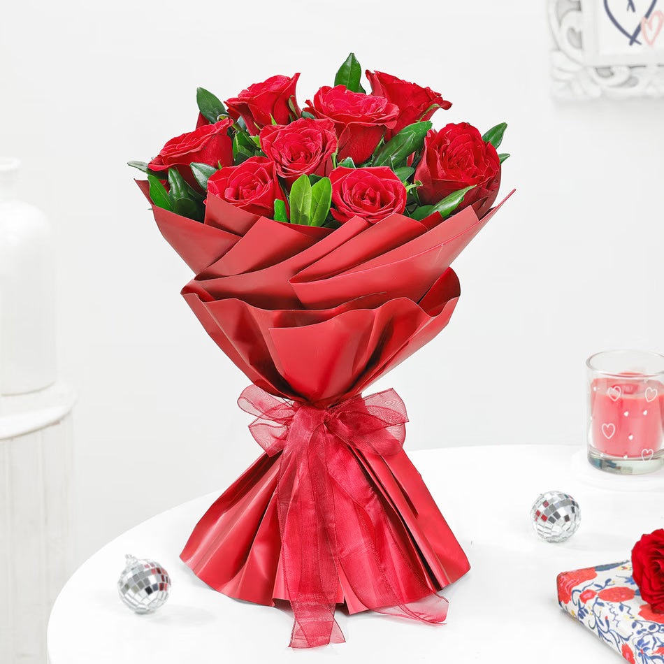 Red Rose Romantic Bouquet with fresh red roses and premium red wrapping